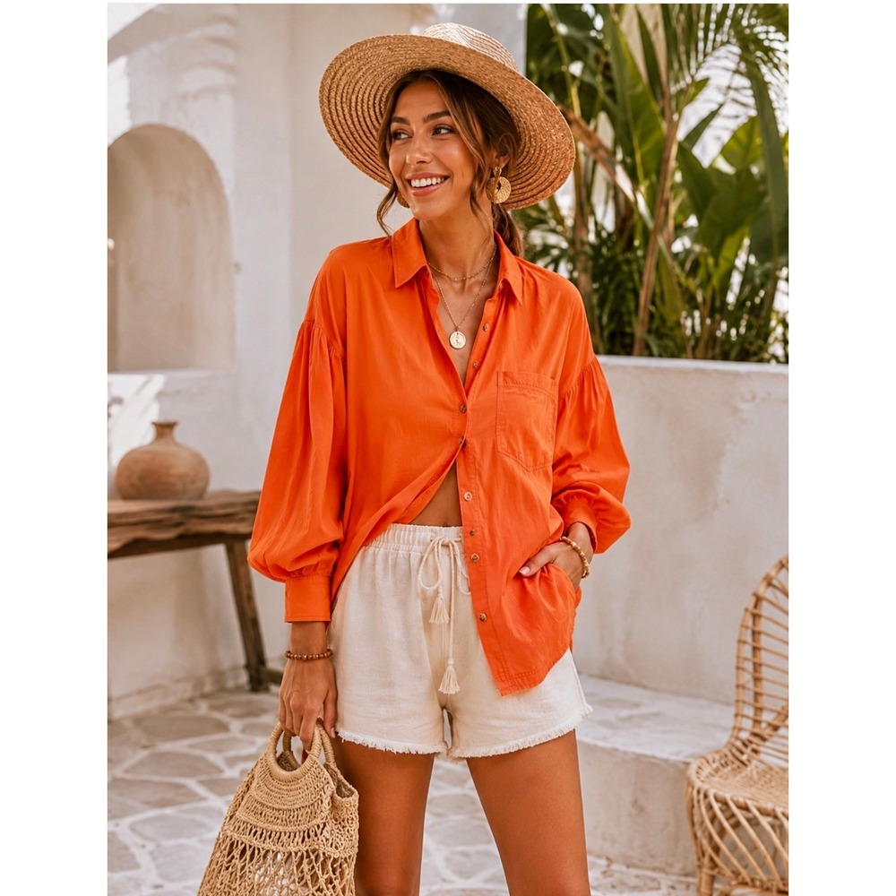 Free People WE THE FREE Happy Hour Poplin Top Buttondown Solid Orange X-Small